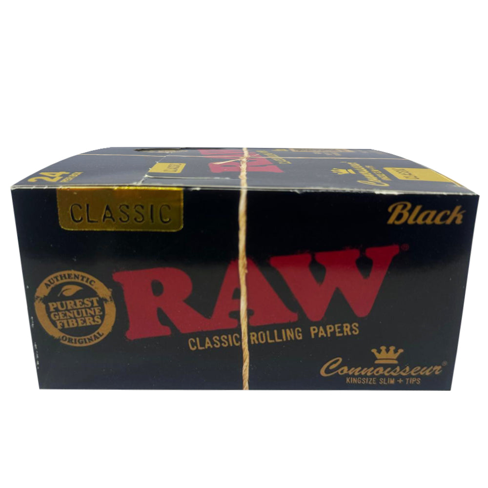 RAW Black Classic Connoisseur King Size Slim Rolling Papers & Tips (Pack of 24)