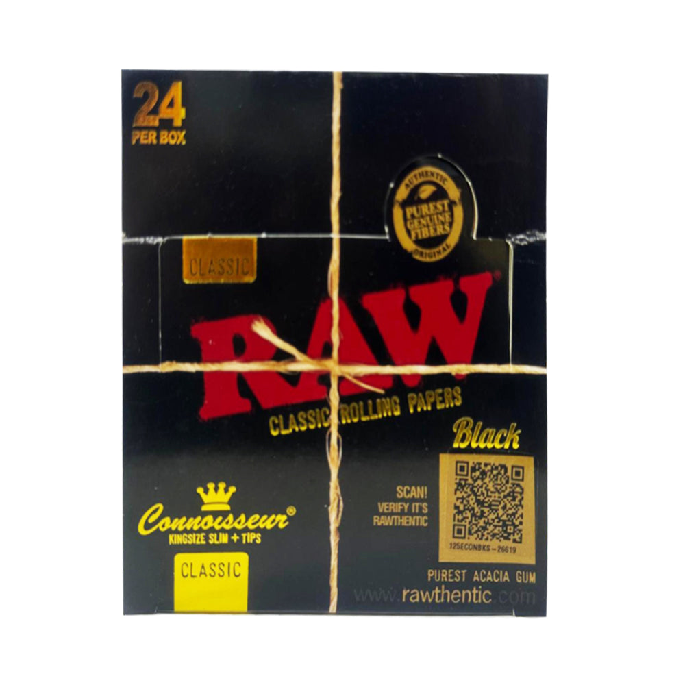 RAW Black Classic Connoisseur King Size Slim Rolling Papers & Tips (Pack of 24)