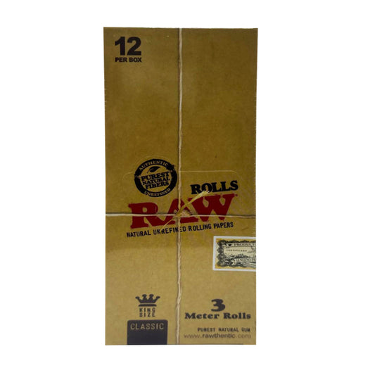 RAW Classic King Size Unrefined Rolling Paper Rolls (12 Pack of 3 Meter Rolls)