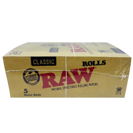 RAW Classic Natural Unrefined Rolling Paper Rolls (5 Meter Roll, Box of 24)