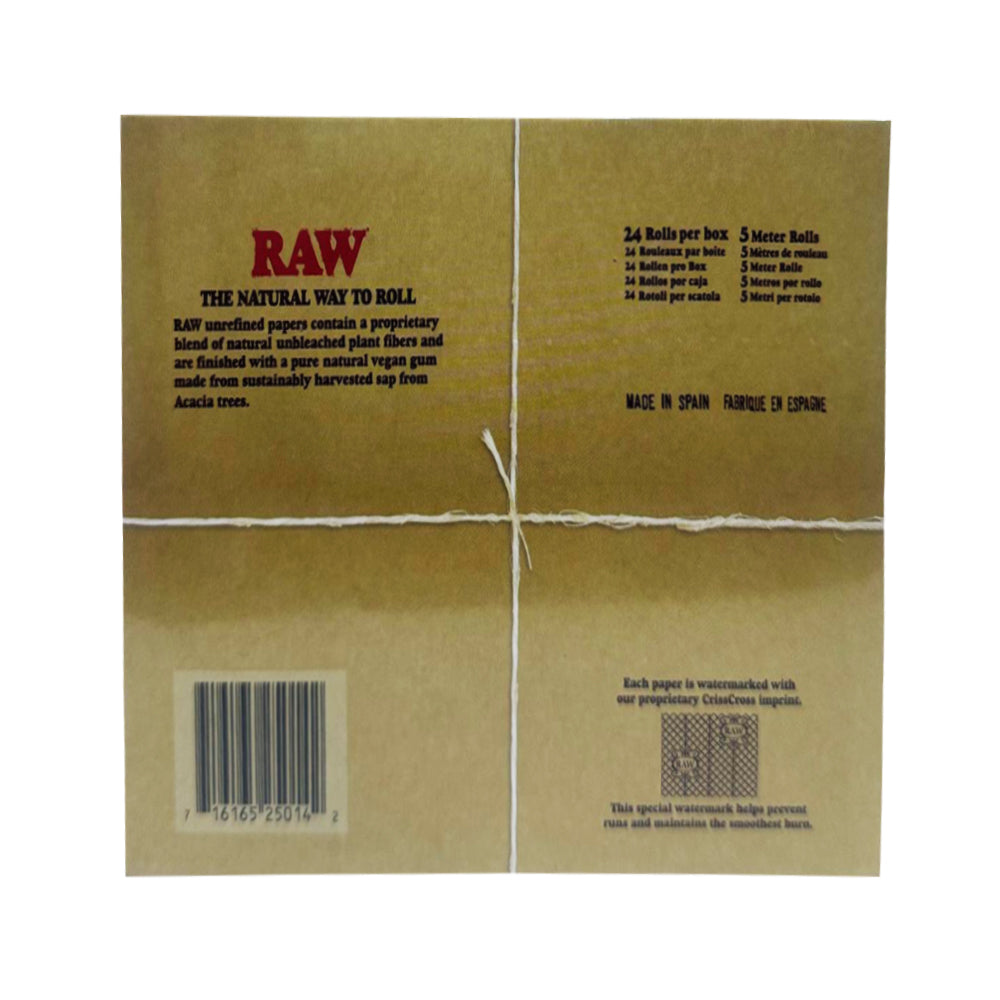 RAW Classic Natural Unrefined Rolling Paper Rolls (5 Meter Roll, Box of 24)