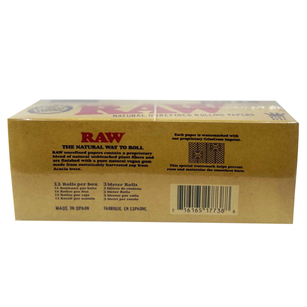 RAW Classic King Size Unrefined Rolling Paper Rolls (12 Pack of 3 Meter Rolls)