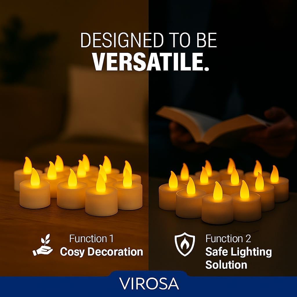 LED Candle Lights – Pack of 24 Flameless Tea Lights – Realistic Wave Design – Warm Yellow Glow – 3.5cm x 4cm – Battery Operated – Safe Electric Candles for Home, Events & Decorations