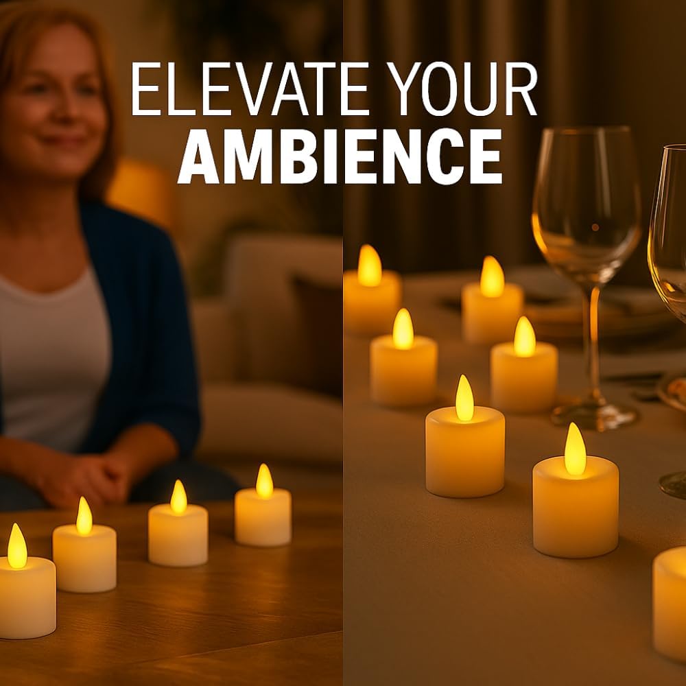 LED Candle Lights – Pack of 48 Flameless Tea Lights – Realistic Wave Design – Warm Yellow Glow – 3.5cm x 4cm – Battery Operated – Safe Electric Candles for Home, Events & Decorations